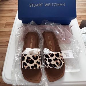 NIB Stuart Weitzman Women’s Delilah Leopard-Print Calf Hair Slides Cream 6